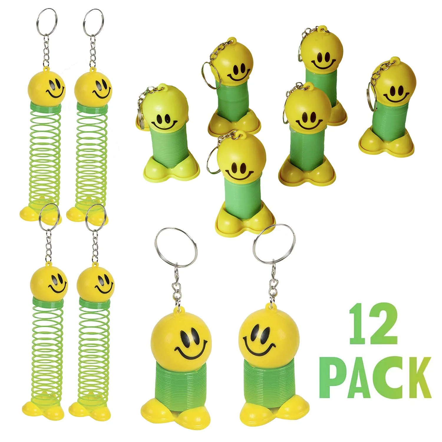 Kicko Smile Face Coil Spring Keychain - 12 Pack Mini Backpack Clip - Keyring for Party