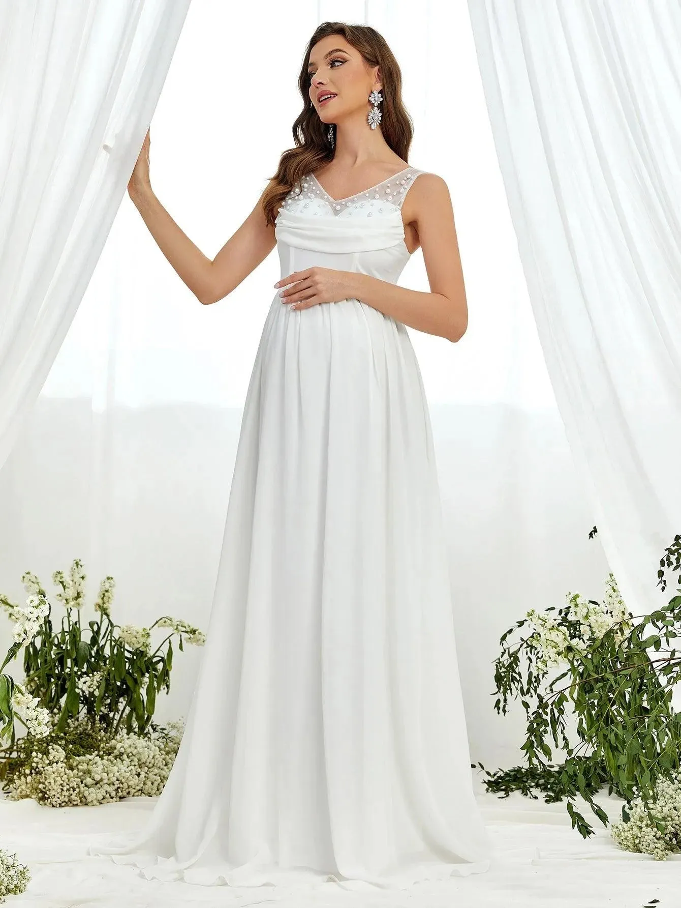 Maternity Pearl Details Sleeveless Chiffon Wedding Dress