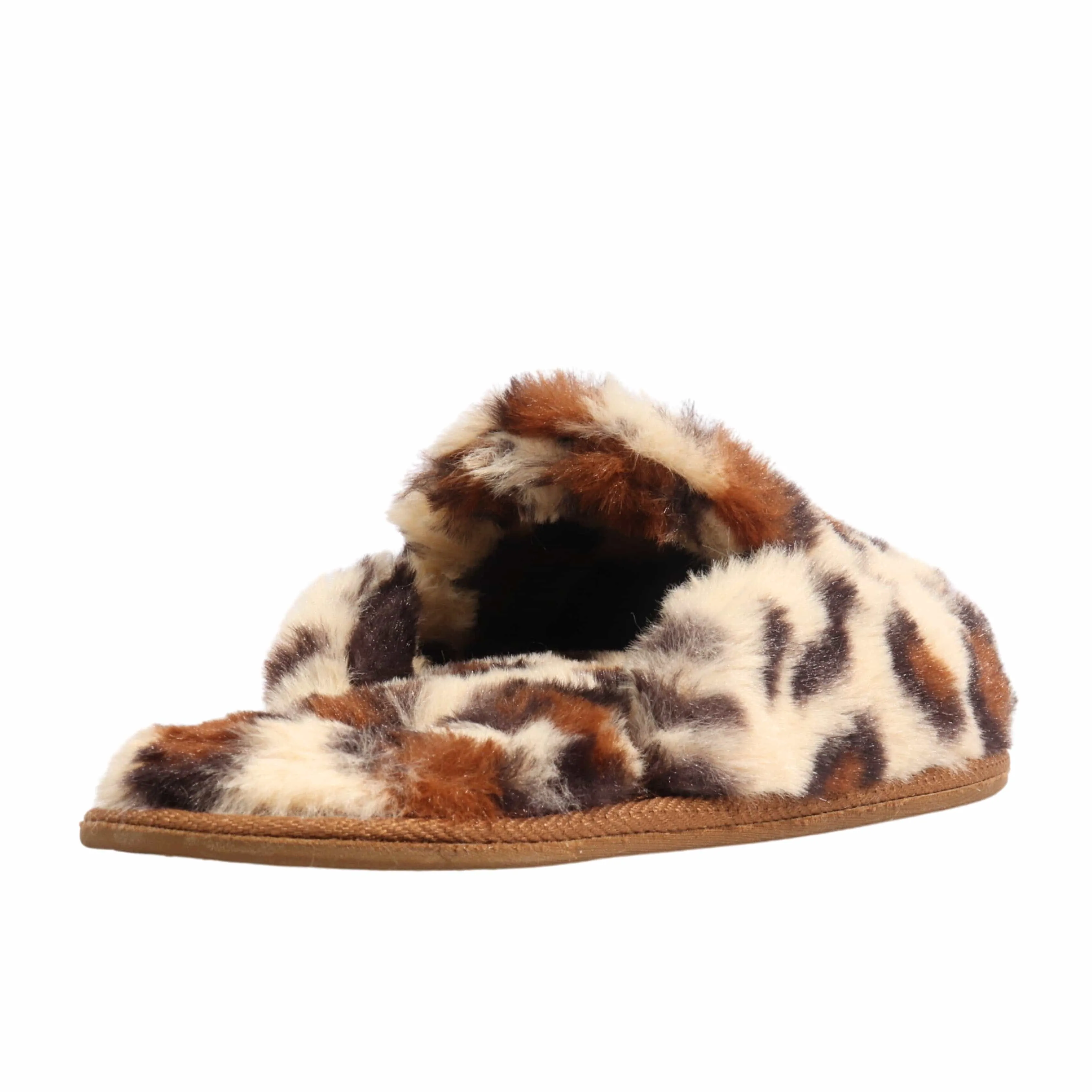 MUK LUKS - Tan Leopard Fuzzy Twist-Top Bardot Slide Slipper