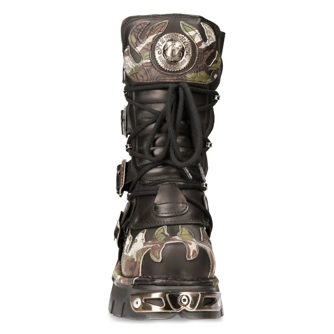 New Rock 591 S15 Camouflage Flame Metallic Black Leather Biker Goth Boot