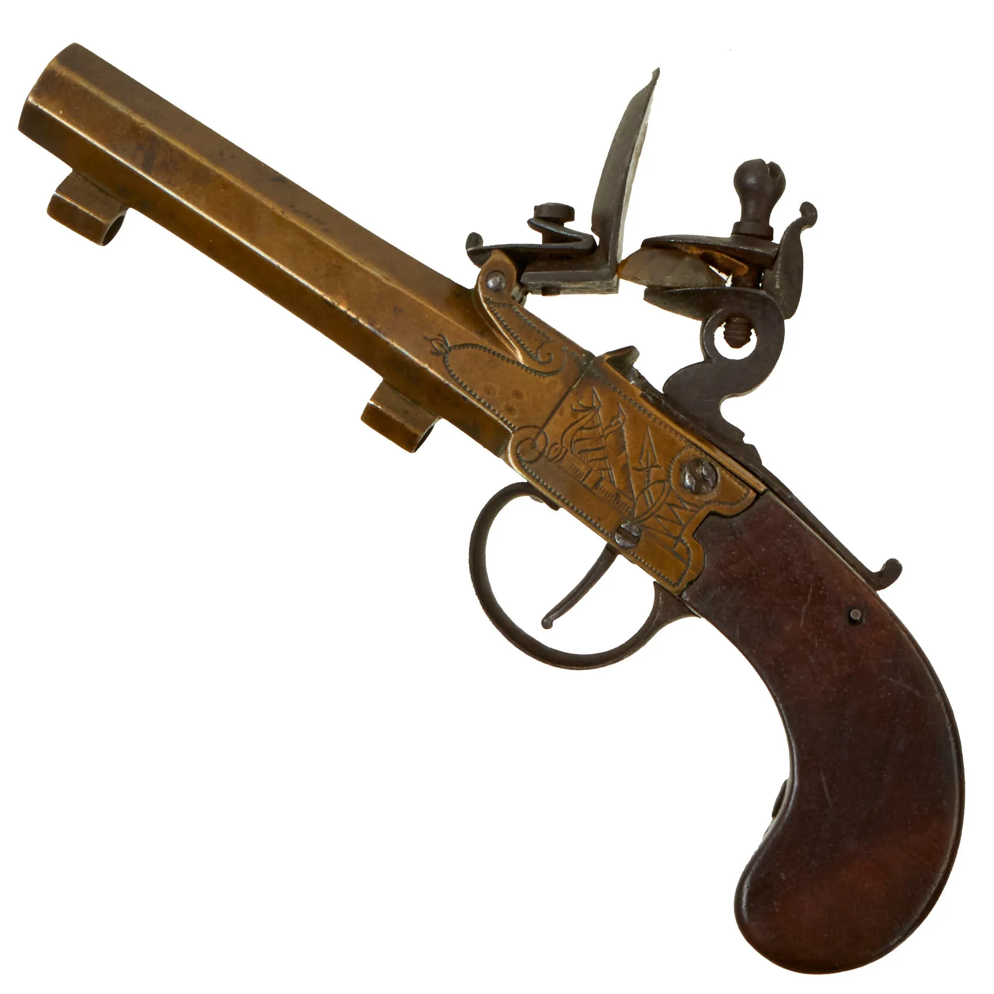 Original European Napoleonic Brass Frame Box-lock Pocket Flintlock Pistol with Octagonal Barrel - circa 1790 - 1815