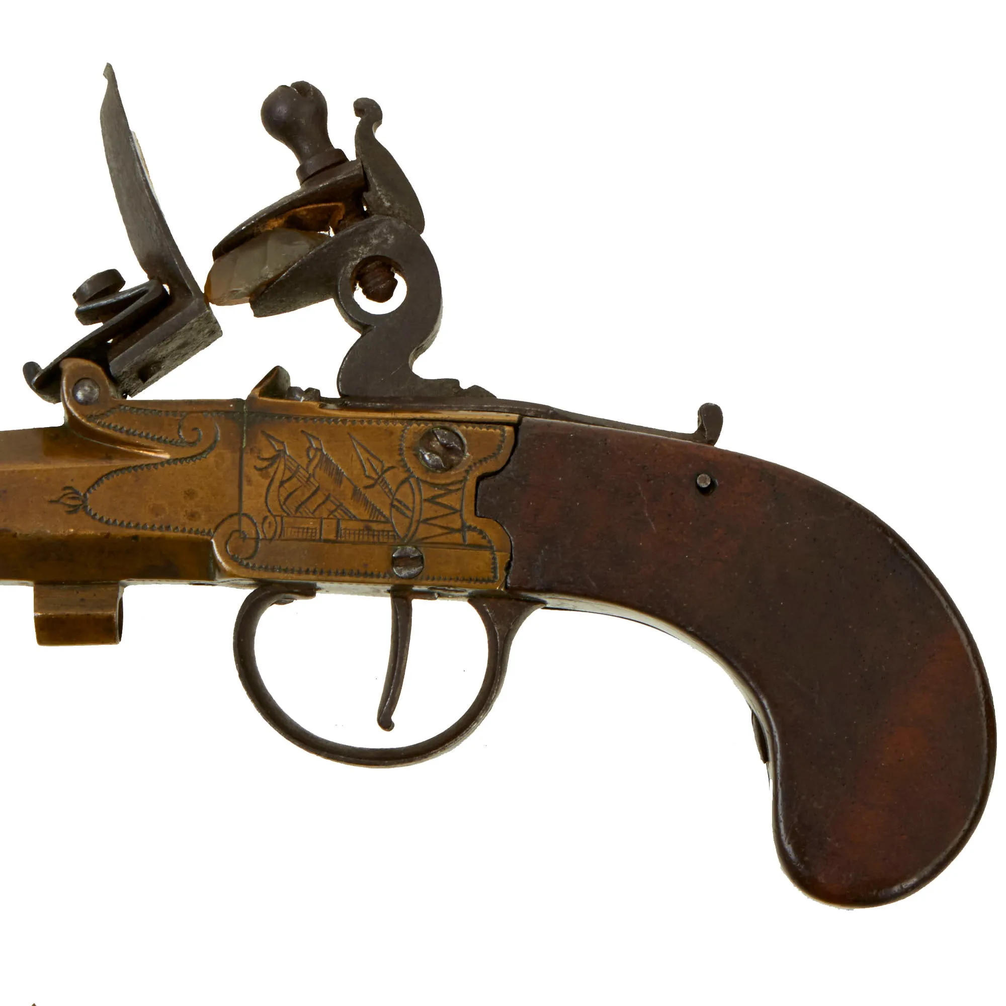 Original European Napoleonic Brass Frame Box-lock Pocket Flintlock Pistol with Octagonal Barrel - circa 1790 - 1815