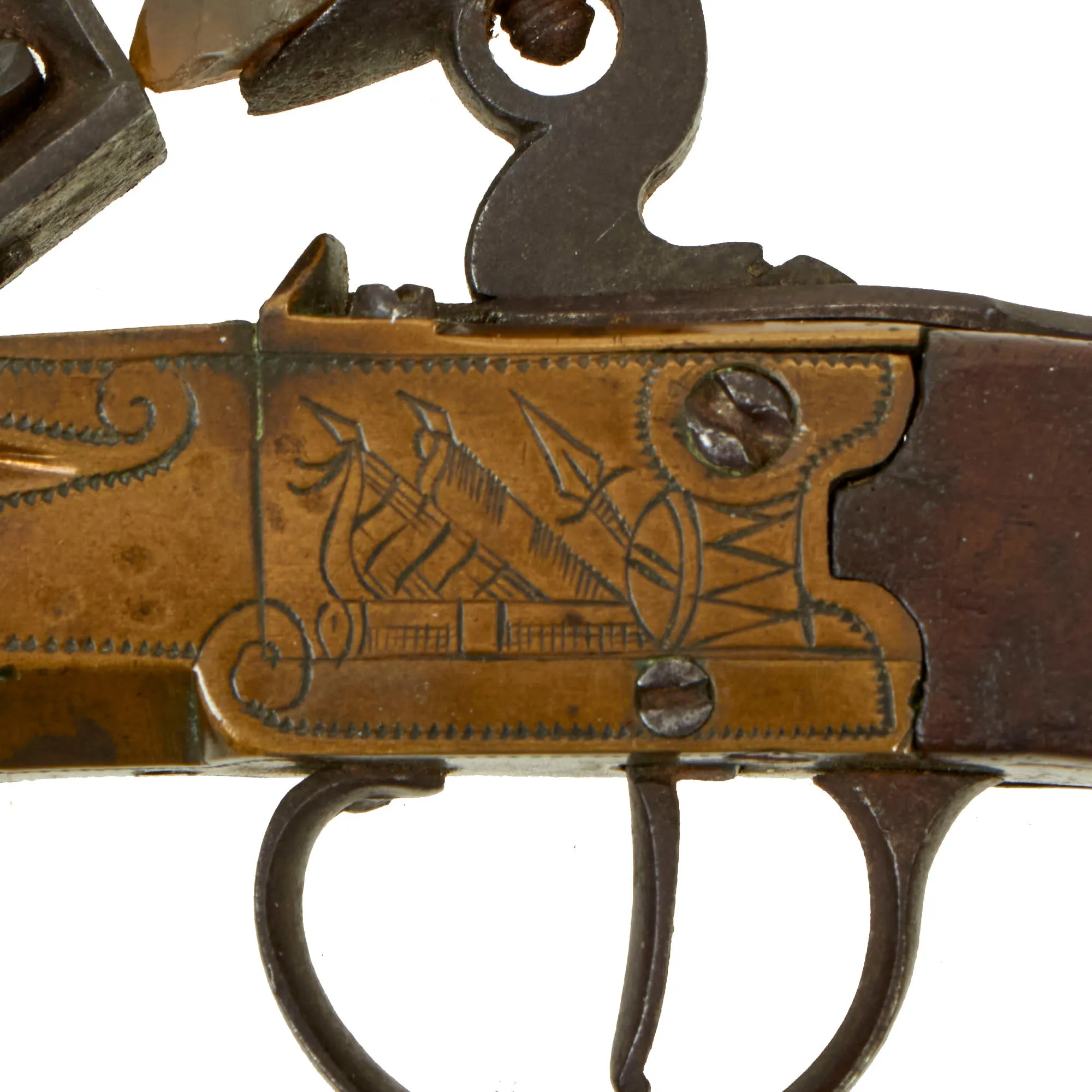 Original European Napoleonic Brass Frame Box-lock Pocket Flintlock Pistol with Octagonal Barrel - circa 1790 - 1815