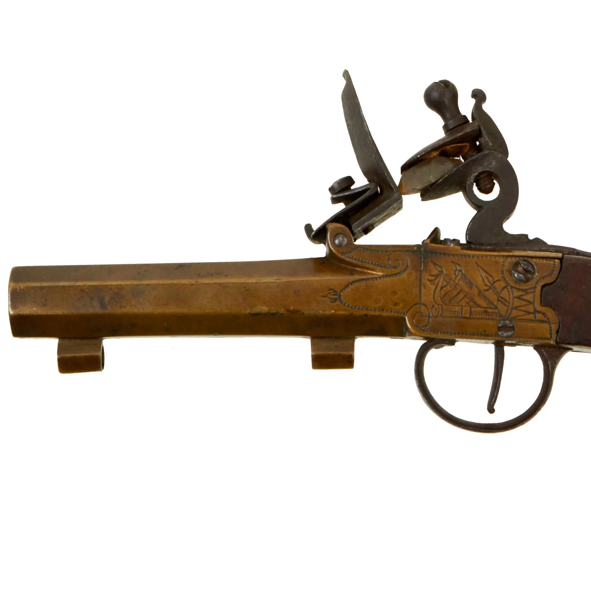 Original European Napoleonic Brass Frame Box-lock Pocket Flintlock Pistol with Octagonal Barrel - circa 1790 - 1815