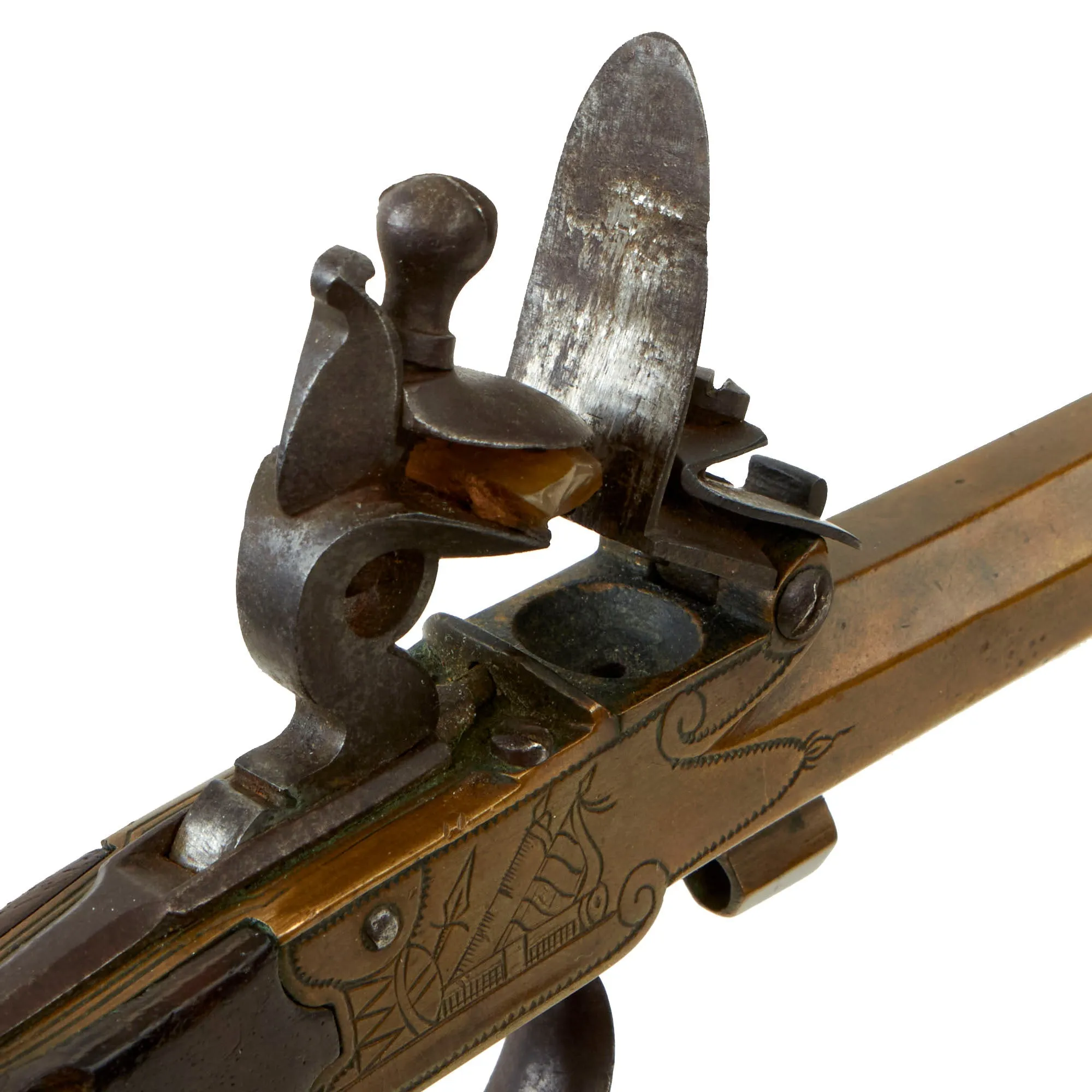 Original European Napoleonic Brass Frame Box-lock Pocket Flintlock Pistol with Octagonal Barrel - circa 1790 - 1815