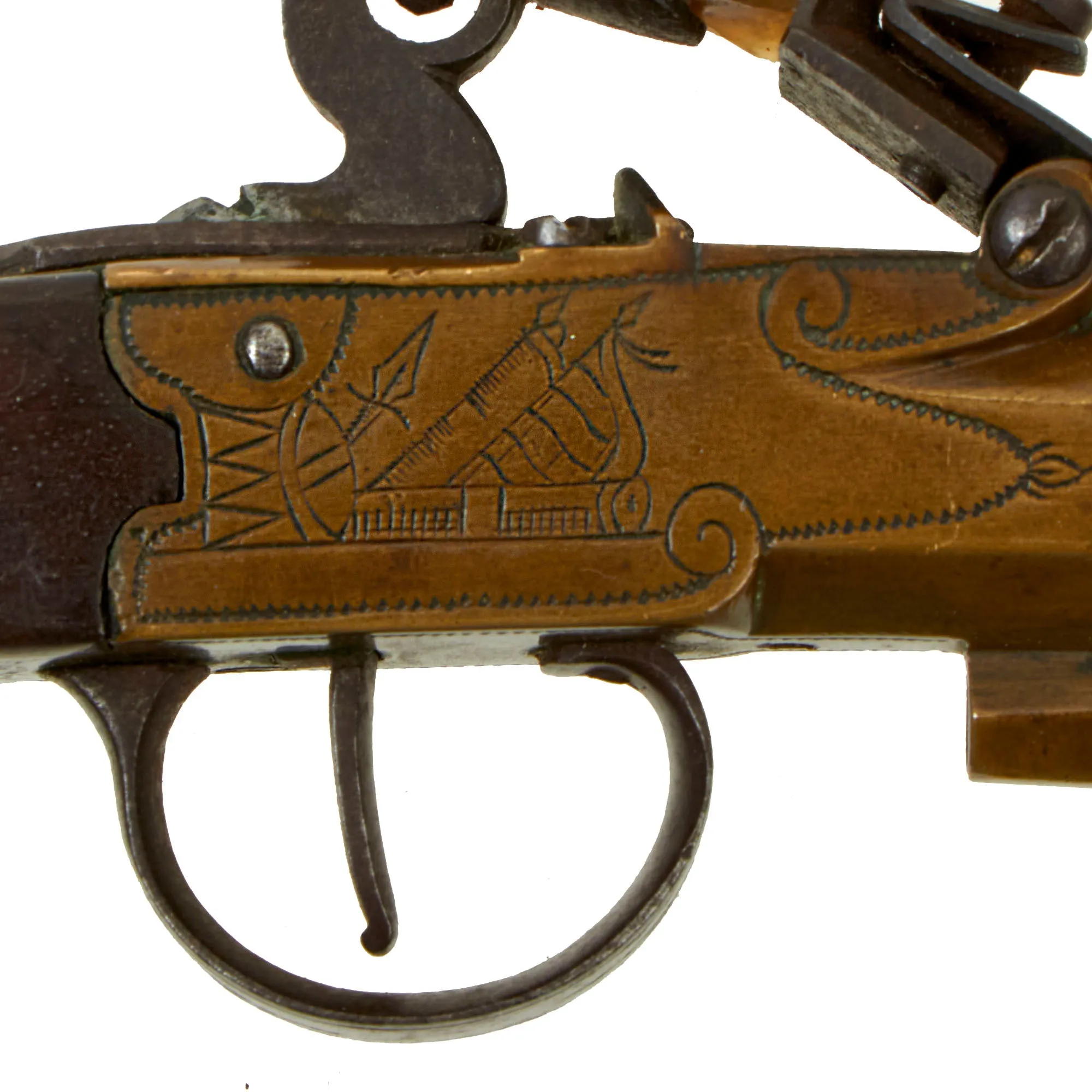 Original European Napoleonic Brass Frame Box-lock Pocket Flintlock Pistol with Octagonal Barrel - circa 1790 - 1815