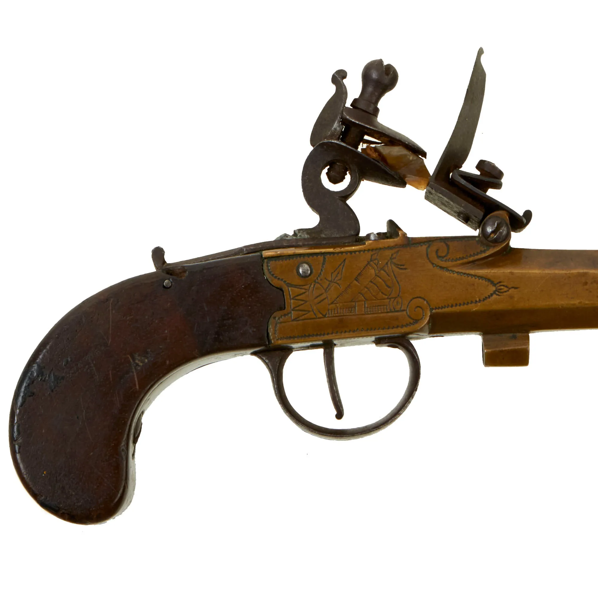 Original European Napoleonic Brass Frame Box-lock Pocket Flintlock Pistol with Octagonal Barrel - circa 1790 - 1815