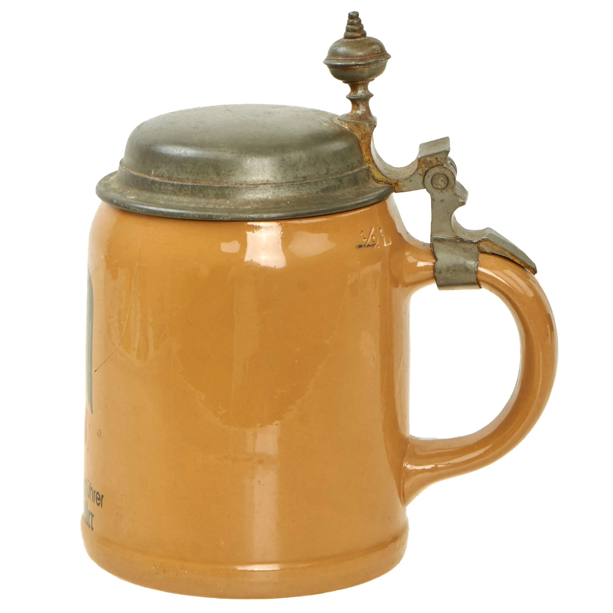 Original German WWII Named Deutsches Rotes Kreuz DRK Marked 0.5L Beer Stein - Ceramic with Pewter Lid