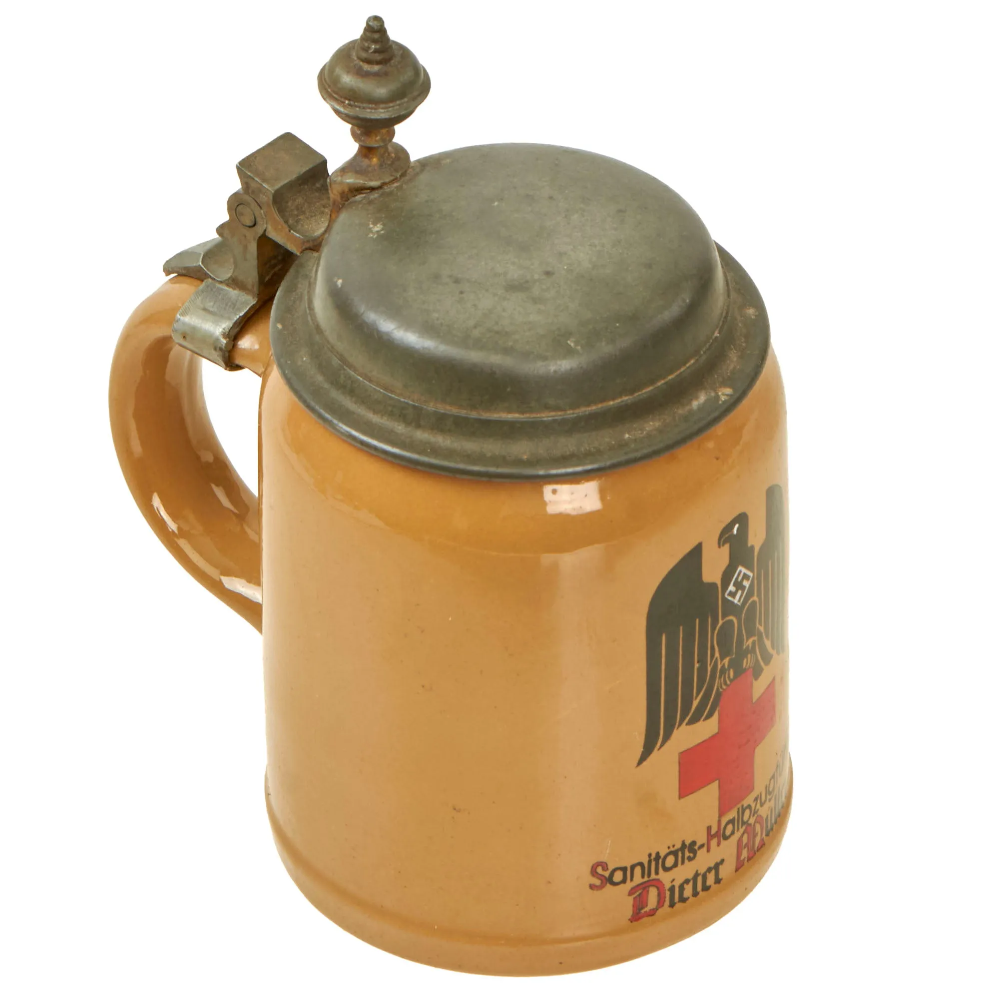 Original German WWII Named Deutsches Rotes Kreuz DRK Marked 0.5L Beer Stein - Ceramic with Pewter Lid