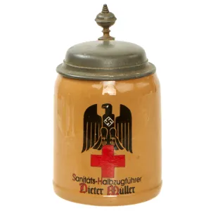 Original German WWII Named Deutsches Rotes Kreuz DRK Marked 0.5L Beer Stein - Ceramic with Pewter Lid