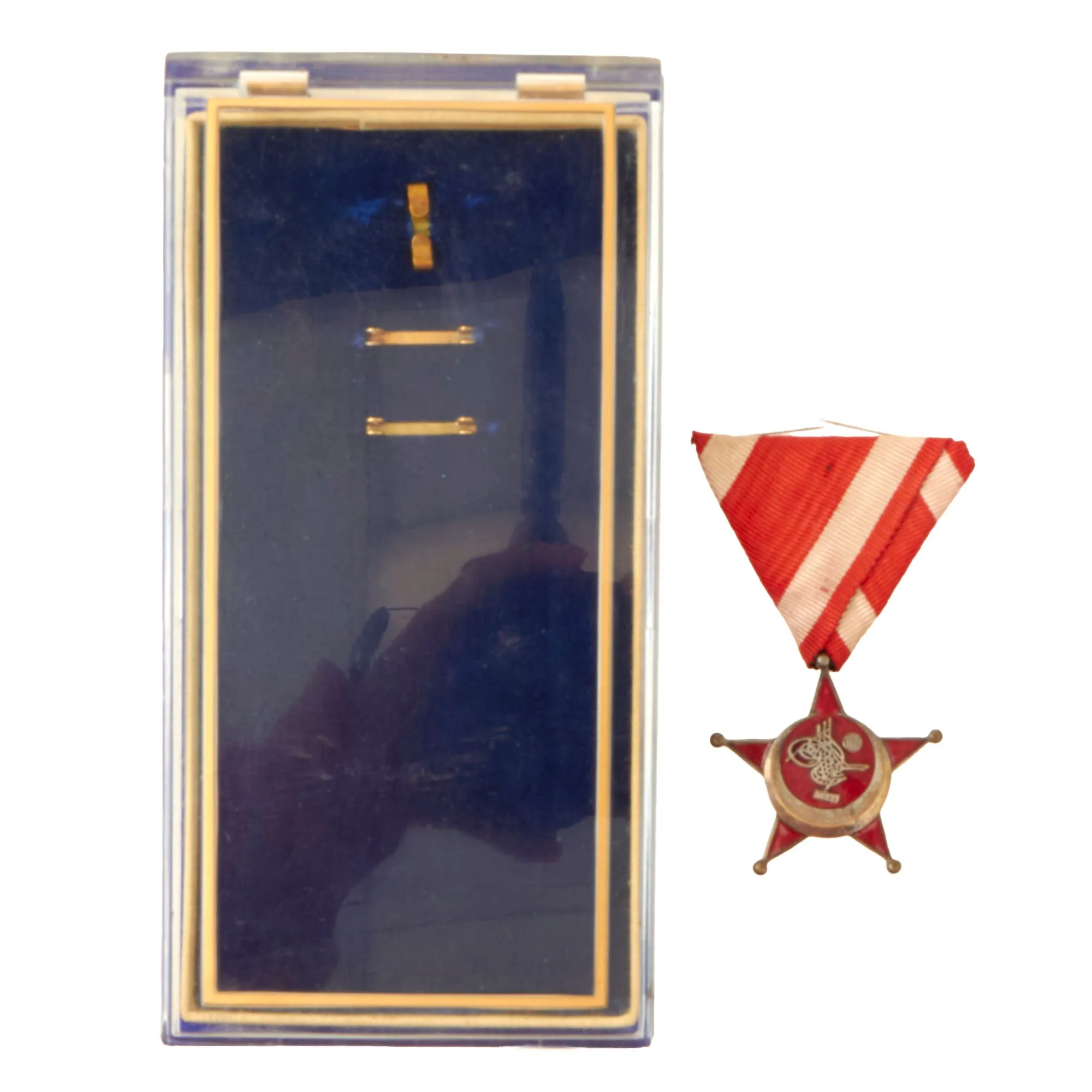 Original Turkish WWI Gallipoli Star Ottoman War Enamel Medal with Austrian Style Mount Ribbon