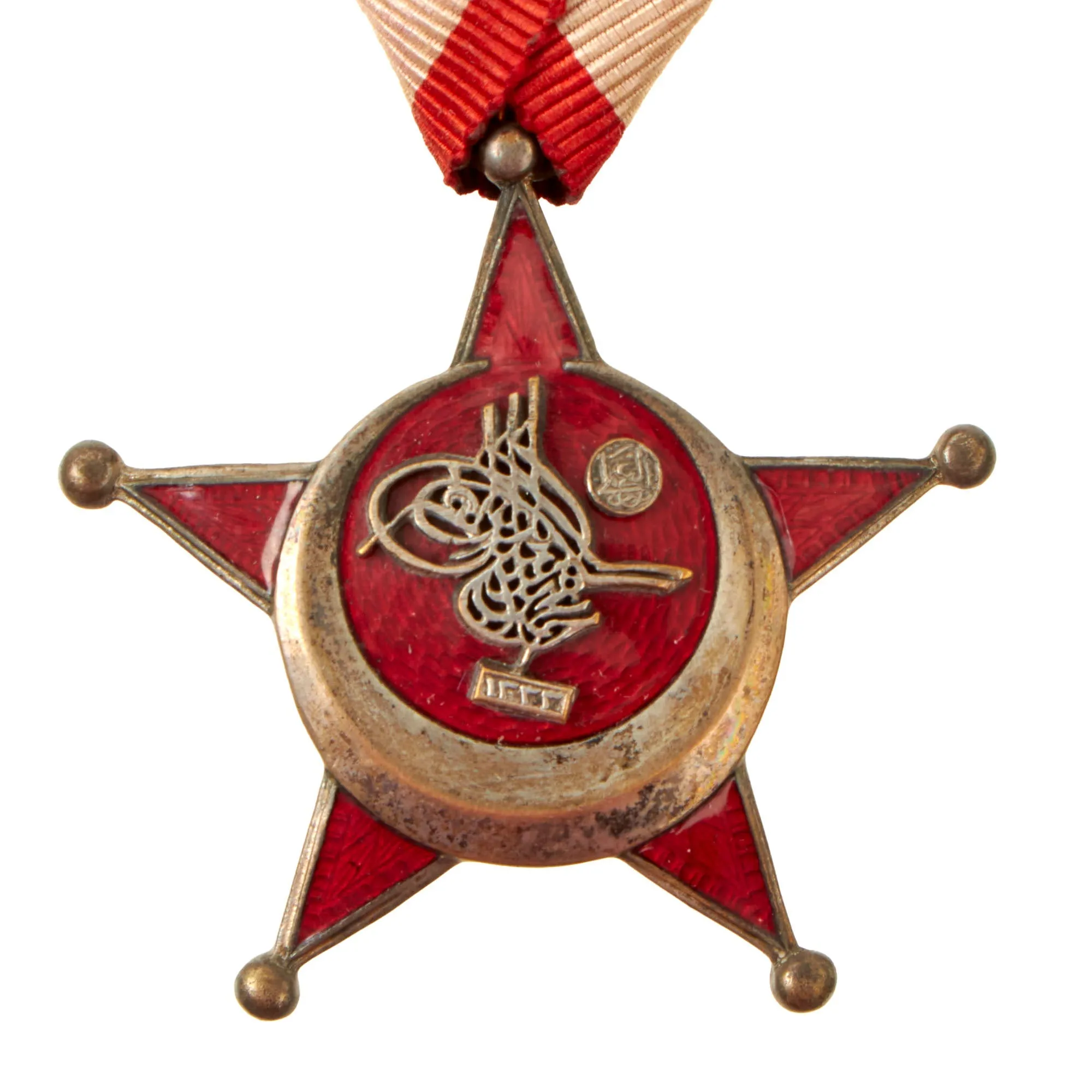 Original Turkish WWI Gallipoli Star Ottoman War Enamel Medal with Austrian Style Mount Ribbon