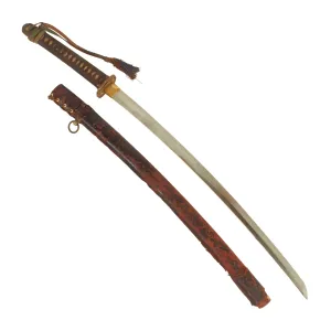 Original WWII Japanese Type 98 Shin-Gunto Handmade Katana by KANEYOSHI with Tassel & Leather Covered Wooden Scabbard