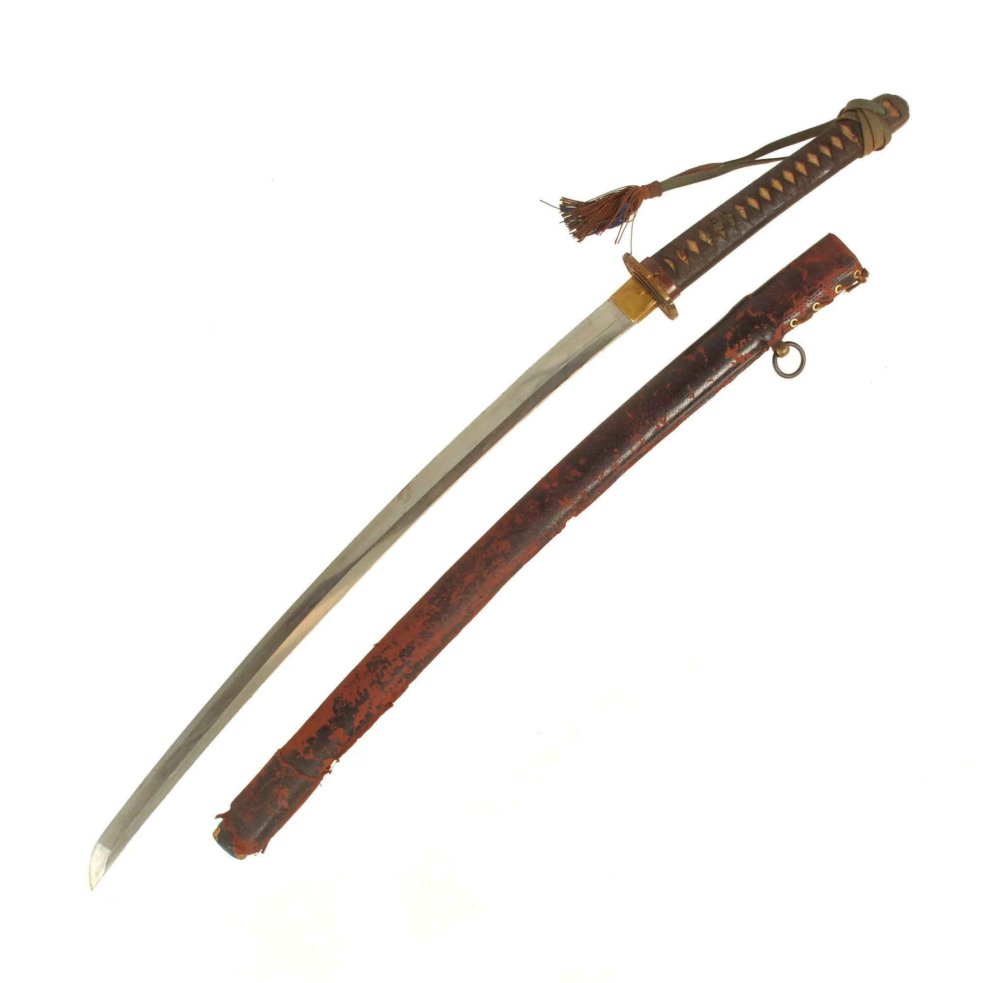 Original WWII Japanese Type 98 Shin-Gunto Handmade Katana by KANEYOSHI with Tassel & Leather Covered Wooden Scabbard