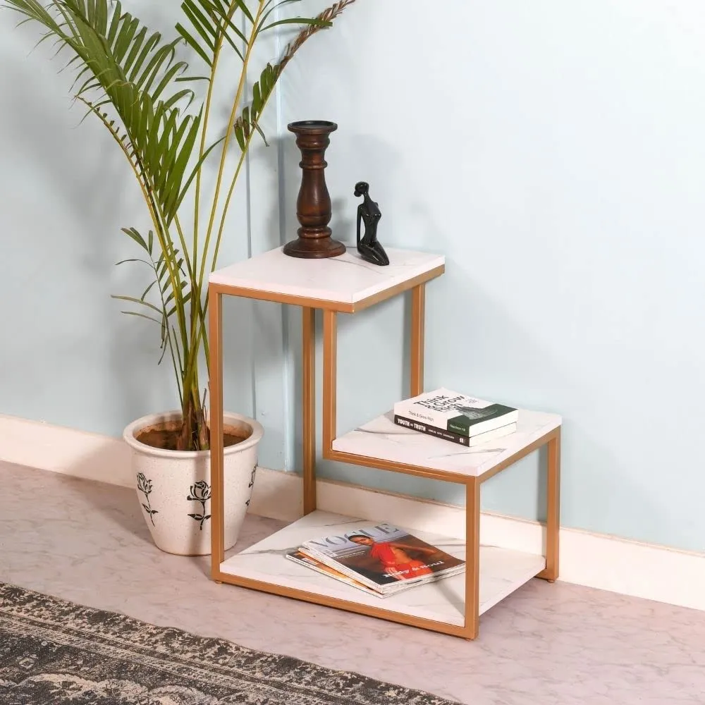 Priti-Modern End Tables, 3-Tier Chair Side Table Night Stand with Storage Shelf for Living Room, Bedroom, Entryway Golden - Laminated Marble Table top