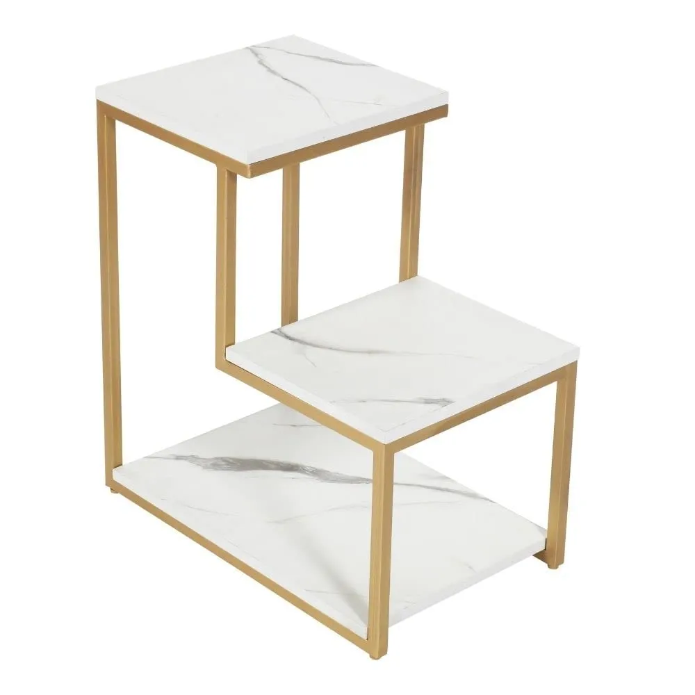 Priti-Modern End Tables, 3-Tier Chair Side Table Night Stand with Storage Shelf for Living Room, Bedroom, Entryway Golden - Laminated Marble Table top