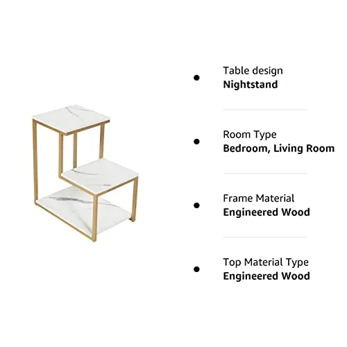 Priti-Modern End Tables, 3-Tier Chair Side Table Night Stand with Storage Shelf for Living Room, Bedroom, Entryway Golden - Laminated Marble Table top