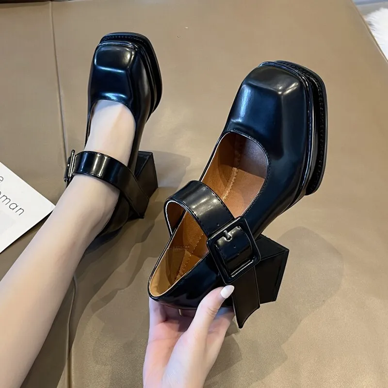 Purpdrank - 2023 New Gothic High-heeled Shoes Women Pumps Korean Version of The Wild Thick with Square Head Retro Mary Jane Women's Shoes