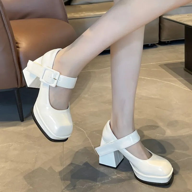 Purpdrank - 2023 New Gothic High-heeled Shoes Women Pumps Korean Version of The Wild Thick with Square Head Retro Mary Jane Women's Shoes