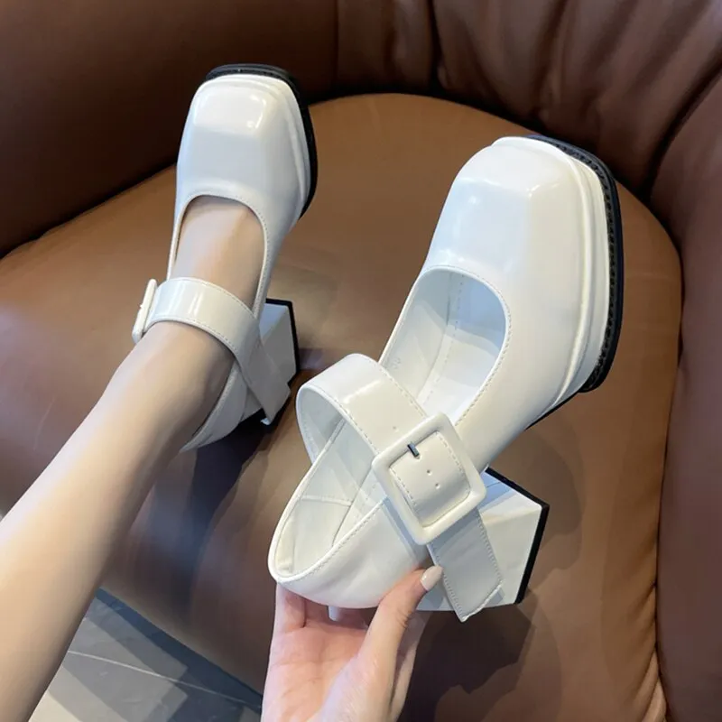 Purpdrank - 2023 New Gothic High-heeled Shoes Women Pumps Korean Version of The Wild Thick with Square Head Retro Mary Jane Women's Shoes