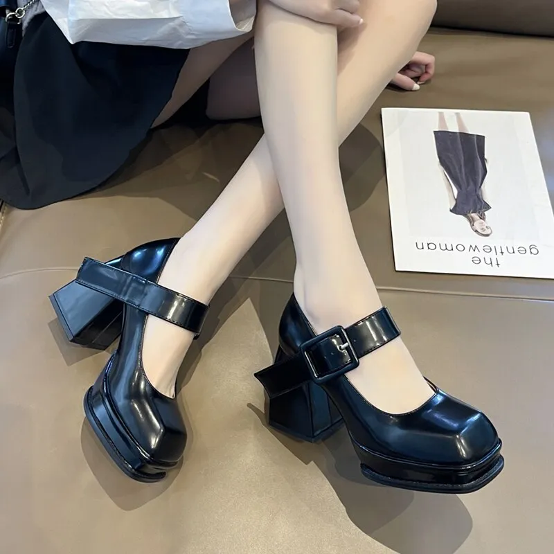 Purpdrank - 2023 New Gothic High-heeled Shoes Women Pumps Korean Version of The Wild Thick with Square Head Retro Mary Jane Women's Shoes