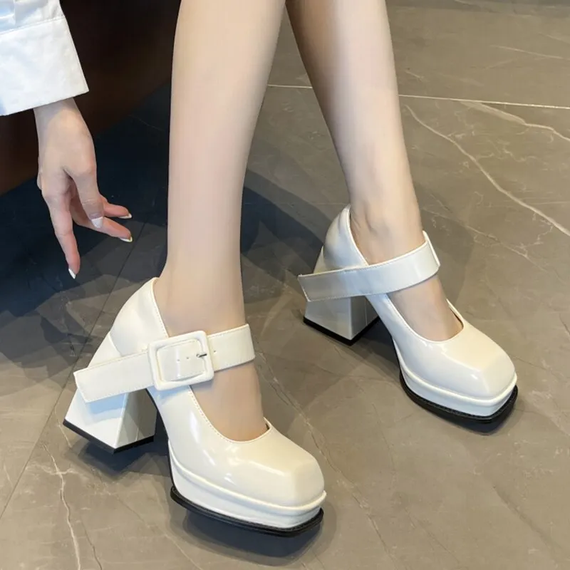 Purpdrank - 2023 New Gothic High-heeled Shoes Women Pumps Korean Version of The Wild Thick with Square Head Retro Mary Jane Women's Shoes