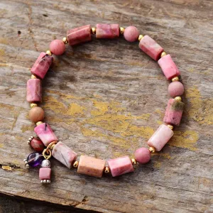 Rhodonite Beaded Stretchy Bracelet w/ Charms