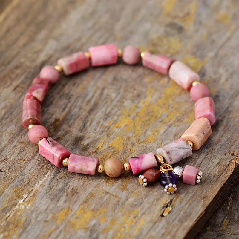 Rhodonite Beaded Stretchy Bracelet w/ Charms