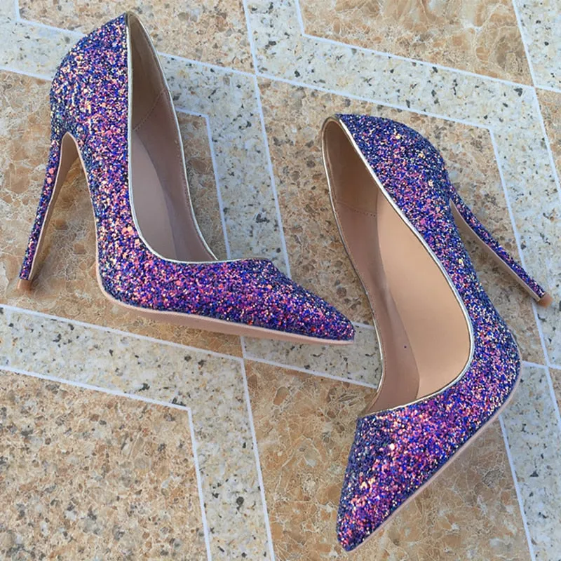 Sparkly Glitter Purple Sequinned Pointy Toe Stiletto High Heels 8-12cm