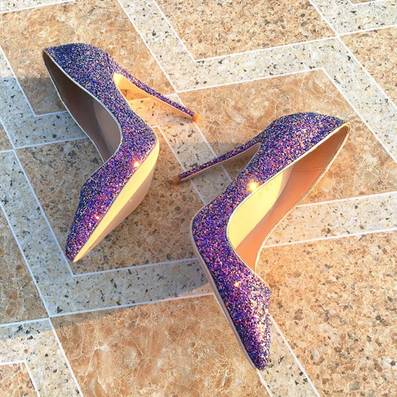 Sparkly Glitter Purple Sequinned Pointy Toe Stiletto High Heels 8-12cm