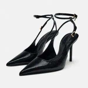 Spring And Summer New Snake Pattern Stiletto High Heel Pointed Leather Lining Thin Strap Buckle Muller Shoes Sandals