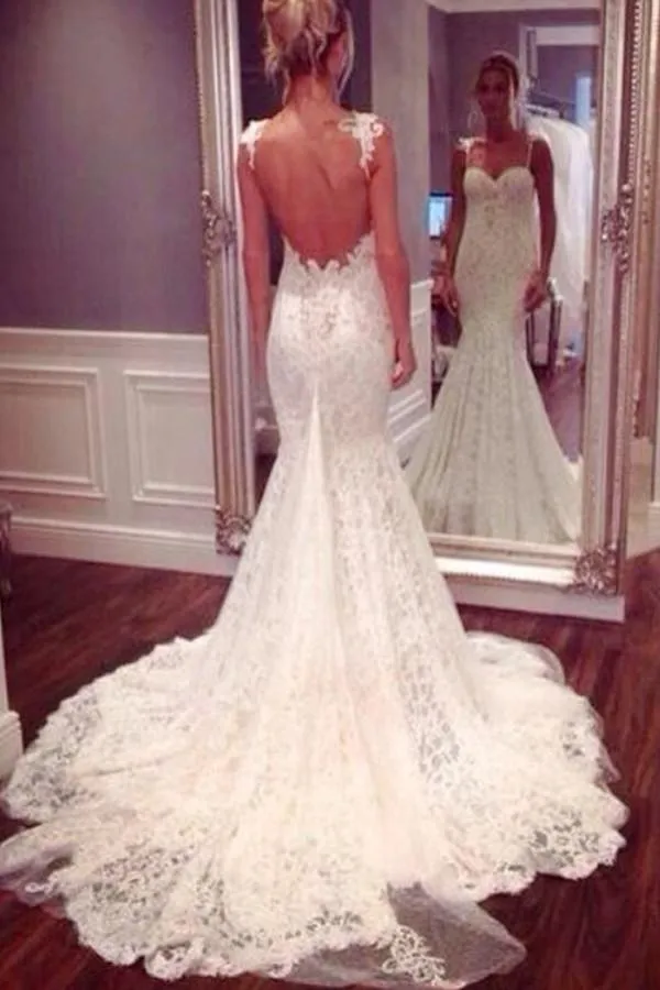 Strap Sweetheart Backless Mermaid Lace Wedding Dress Ball Gown WD026