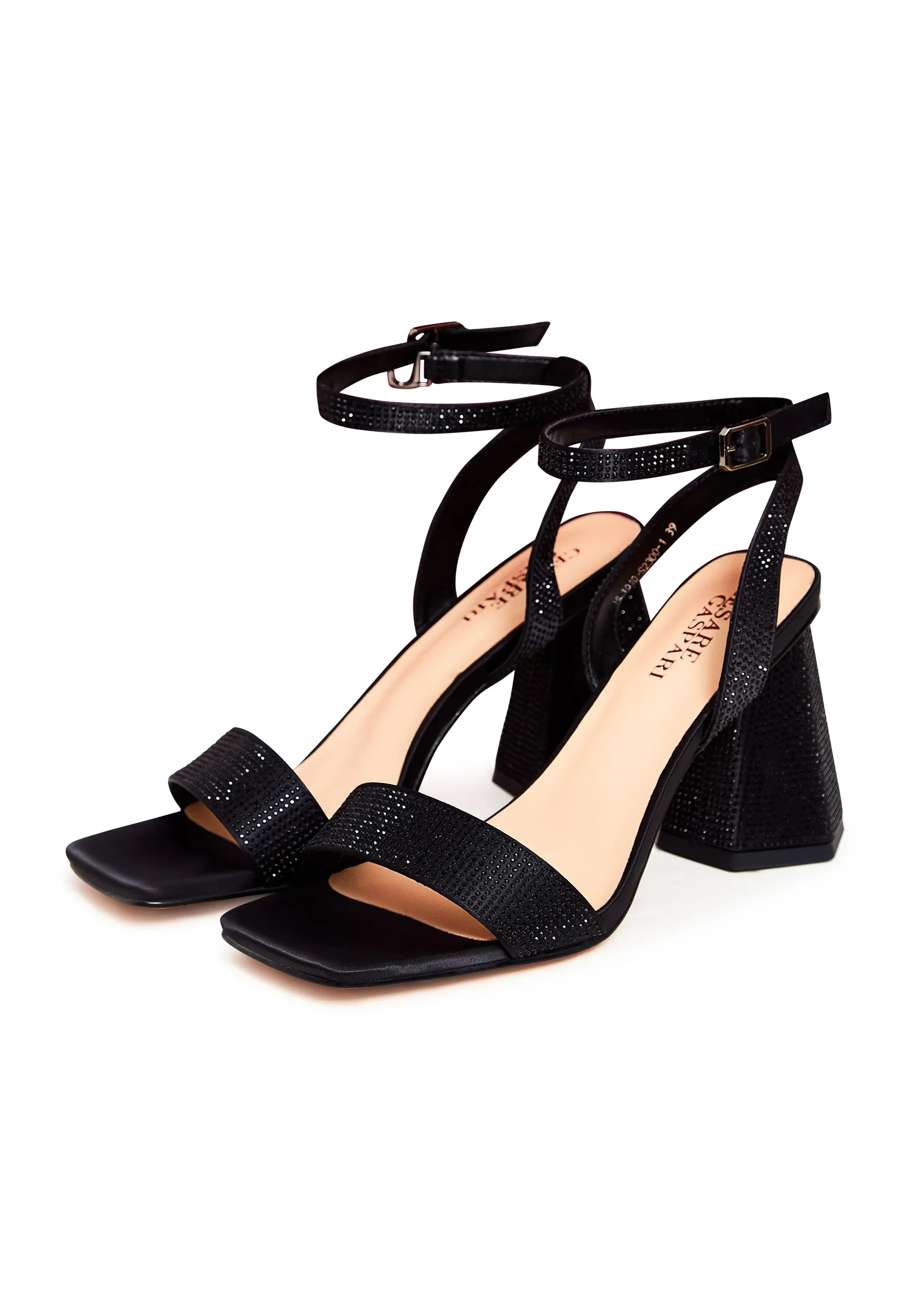 Strappy Block Heel Sandals with Rhinestones - Black