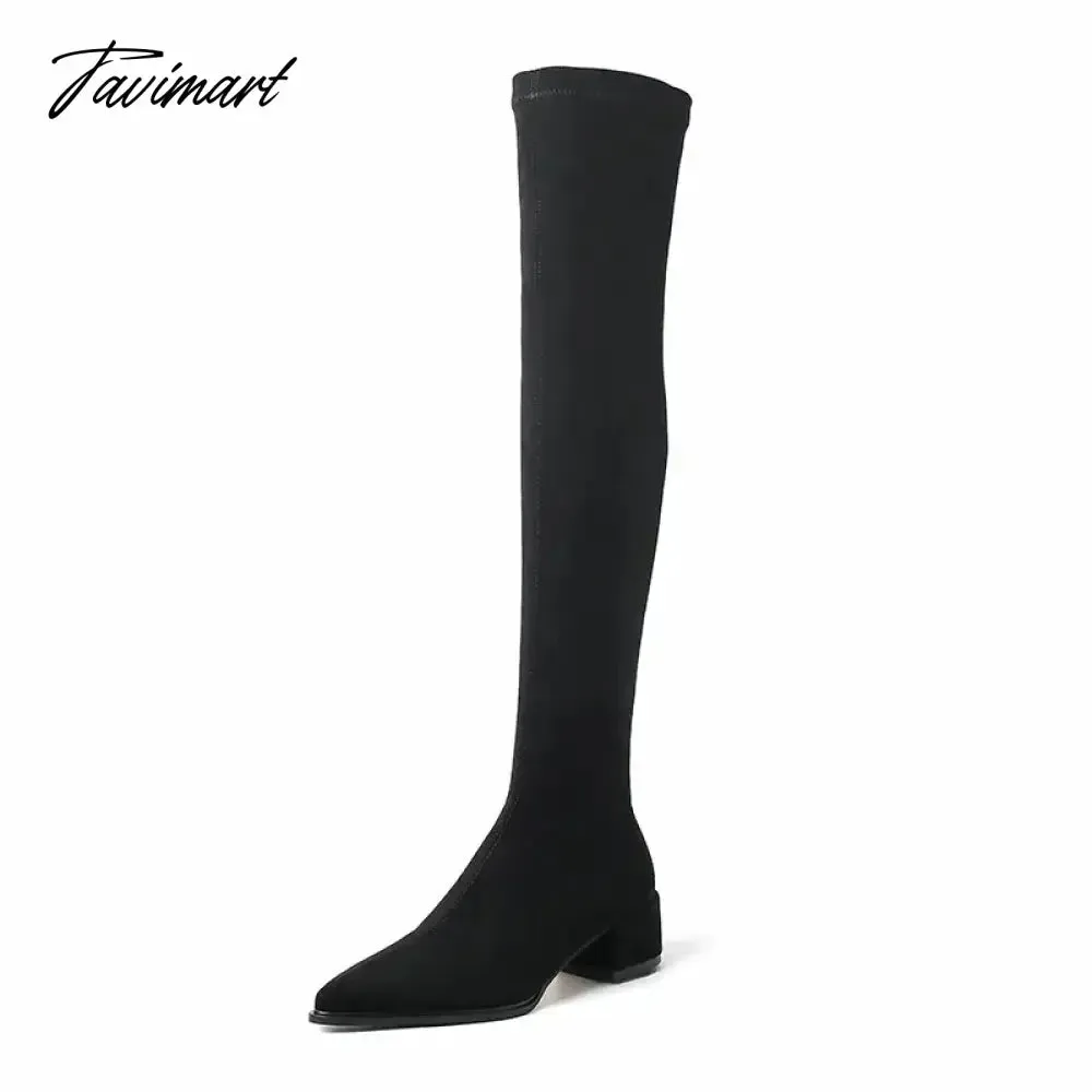 TAVIMART -  Big Size 41 42 10 Pointed Toe Square Chunky Heels Overknees For Women Suede Leather Nude Color Charm Over-the-knee Stretch Boots