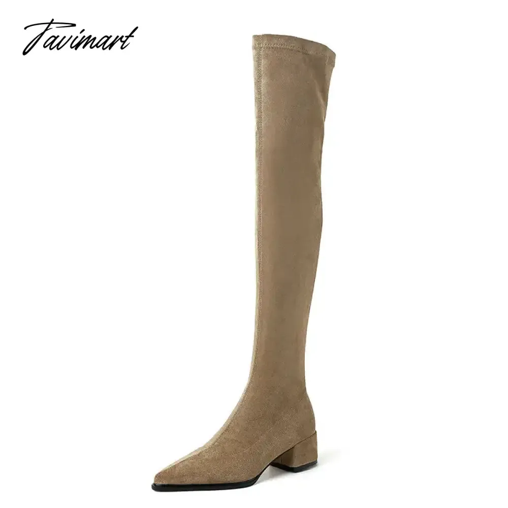 TAVIMART -  Big Size 41 42 10 Pointed Toe Square Chunky Heels Overknees For Women Suede Leather Nude Color Charm Over-the-knee Stretch Boots