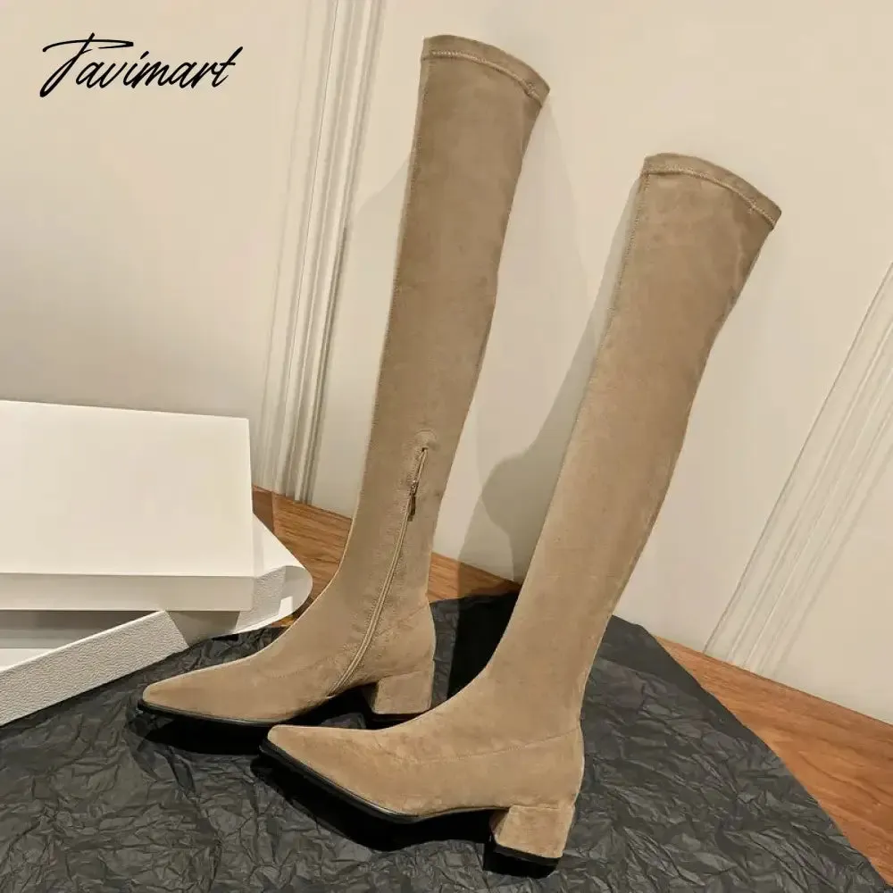 TAVIMART -  Big Size 41 42 10 Pointed Toe Square Chunky Heels Overknees For Women Suede Leather Nude Color Charm Over-the-knee Stretch Boots