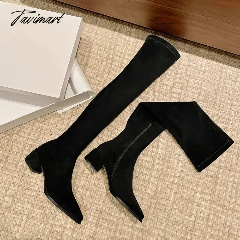 TAVIMART -  Big Size 41 42 10 Pointed Toe Square Chunky Heels Overknees For Women Suede Leather Nude Color Charm Over-the-knee Stretch Boots