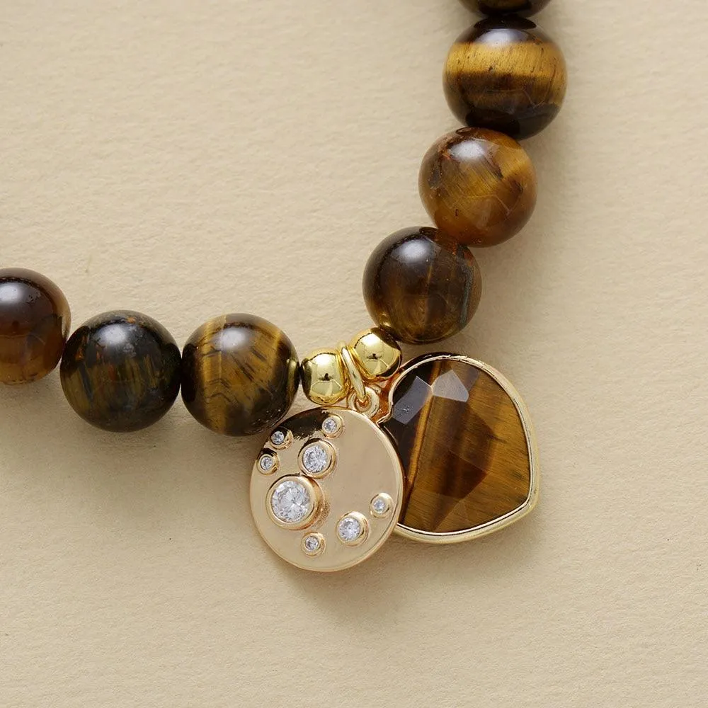 Tiger's Eye Beads & Heart Charm Stretchy Bracelet