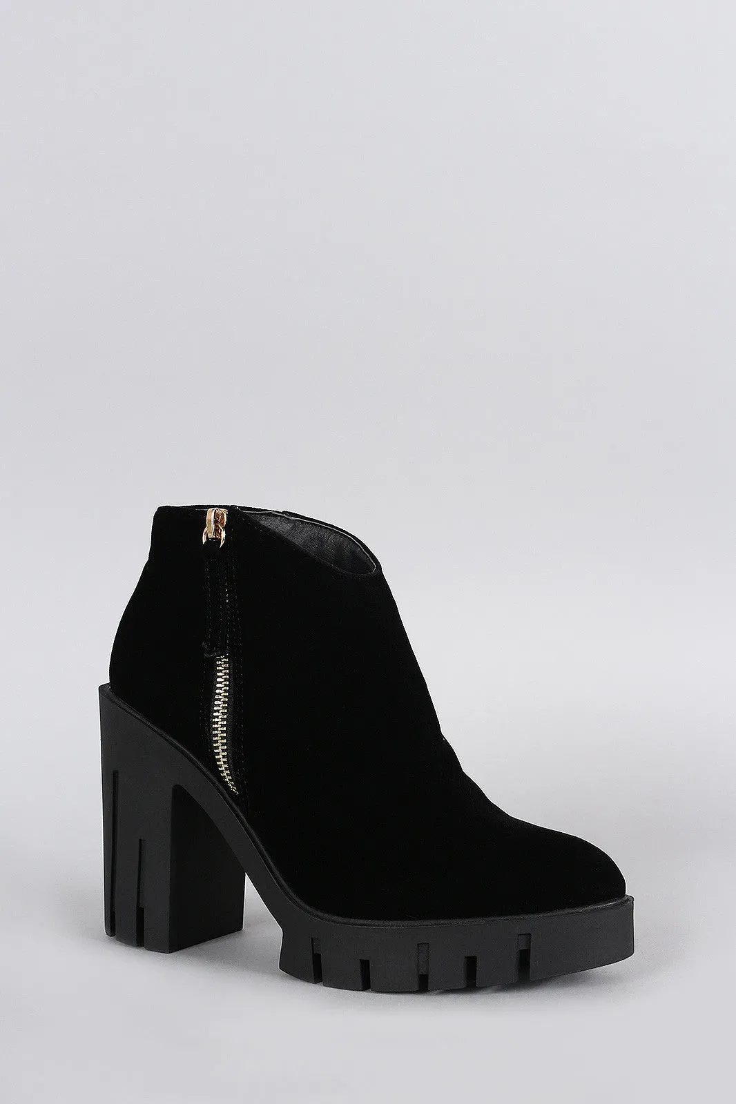 Velvet Pointy Toe Zip Up Lug Sole Platform Heeled Booties