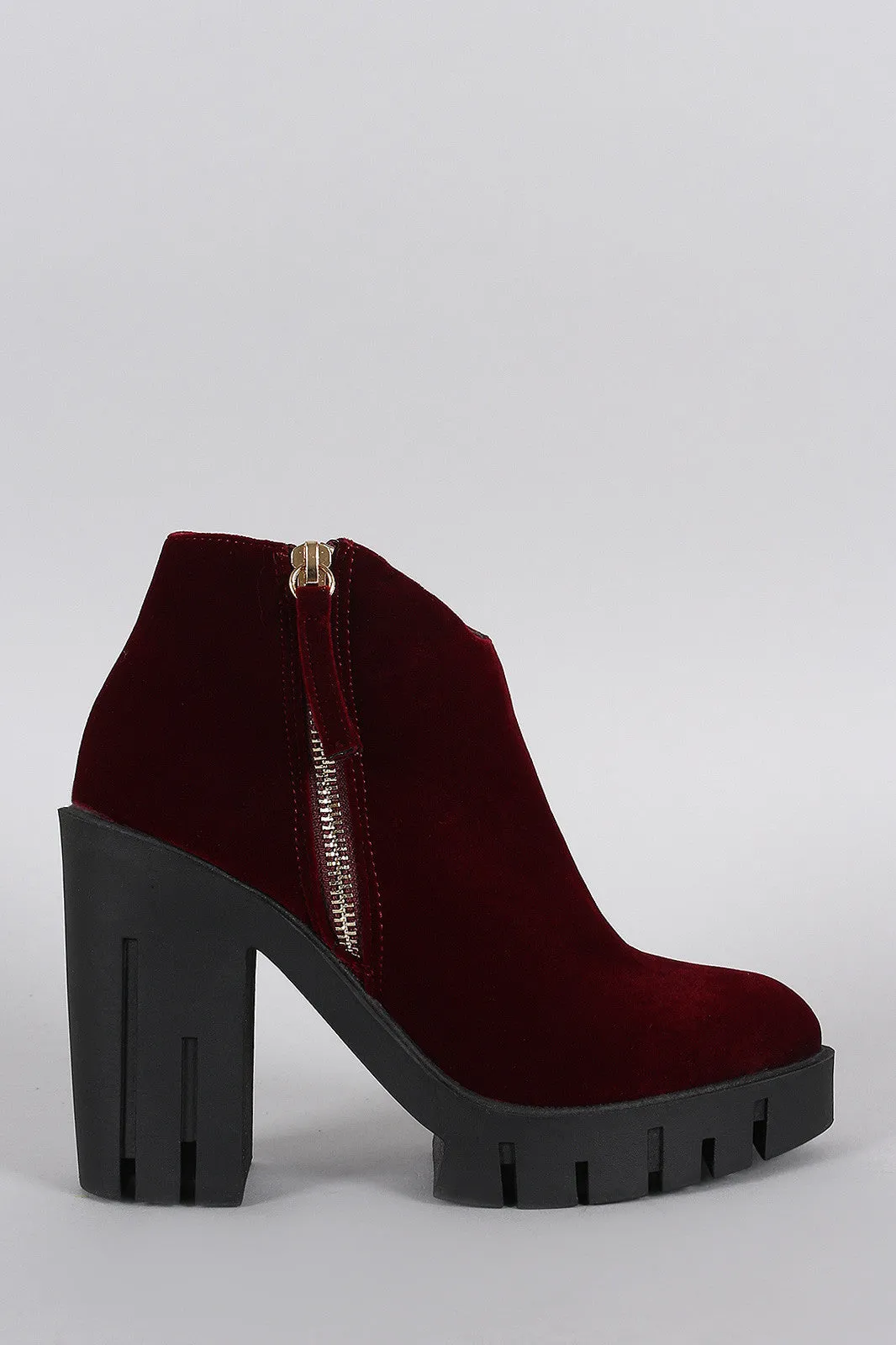 Velvet Pointy Toe Zip Up Lug Sole Platform Heeled Booties