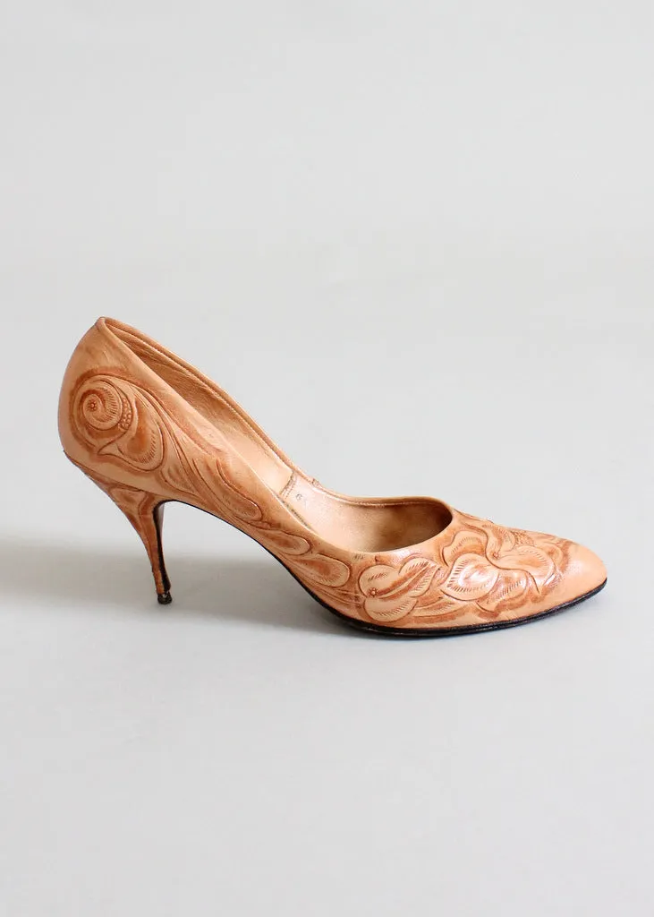 Vintage 1950s Tooled Leather Shoes Size 8.5