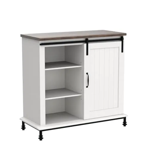 WAMPAT White Farmhouse Accent Buffet Sideboard, Storage Cabinet Console Table,Coffee Bar Entryway Table with Sliding Barn Door, Adjustable Shelves for Living Room Kitchen Bathroom, 35‘’