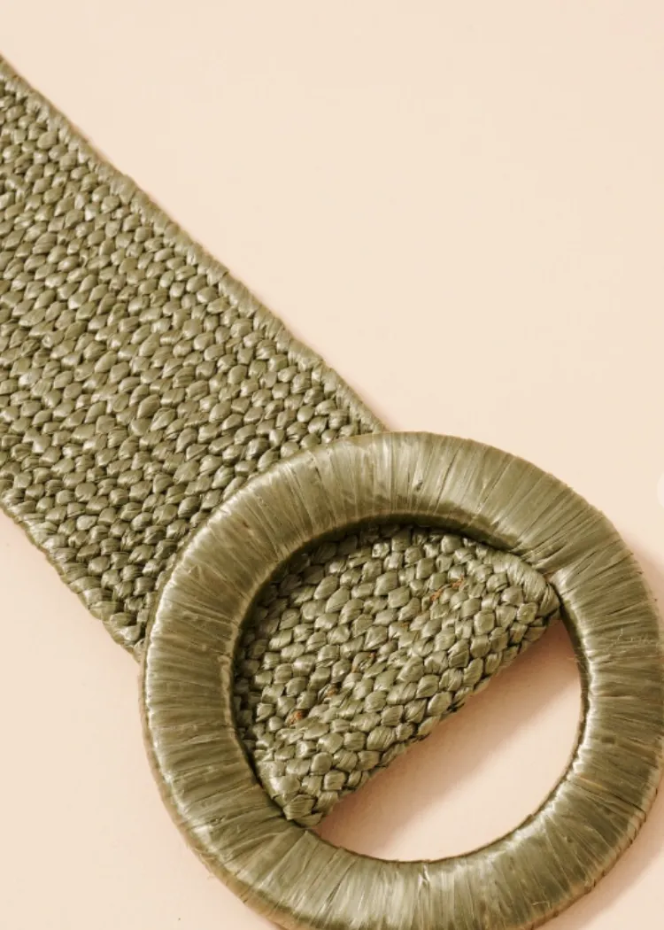 Wide Circle Buckle Straw Belt - Olive