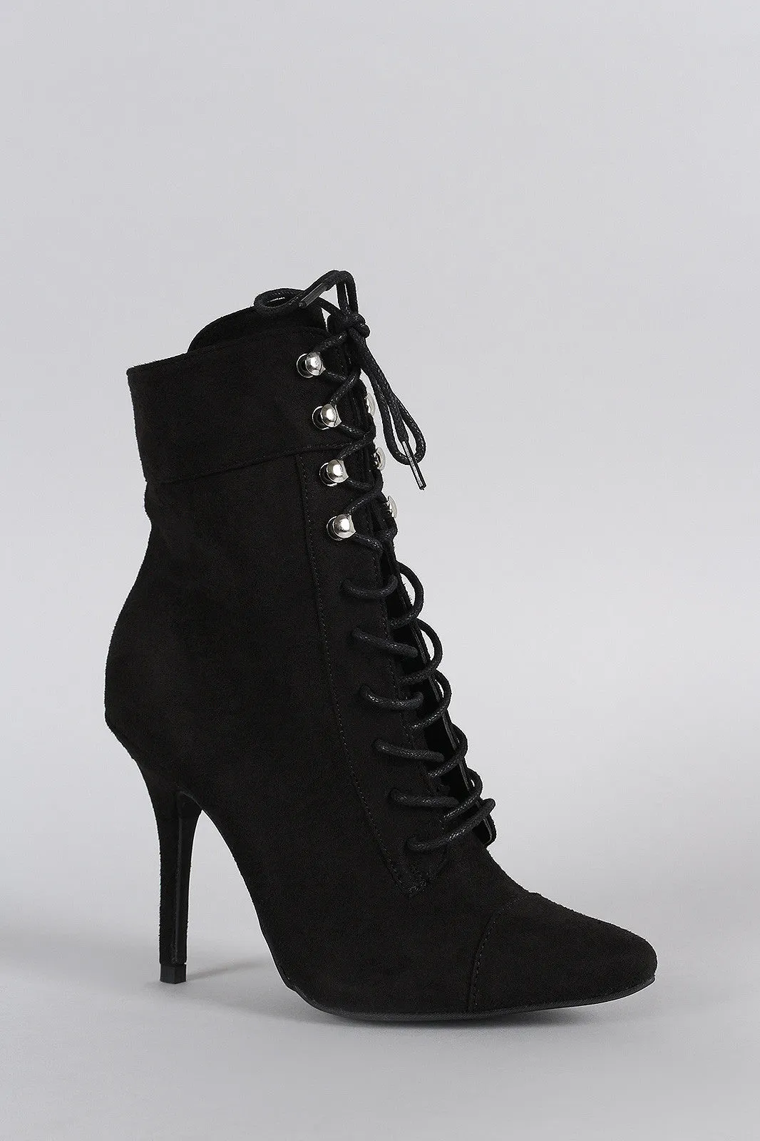 Wild Diva Lounge Suede Combat Lace Up Stiletto Booties