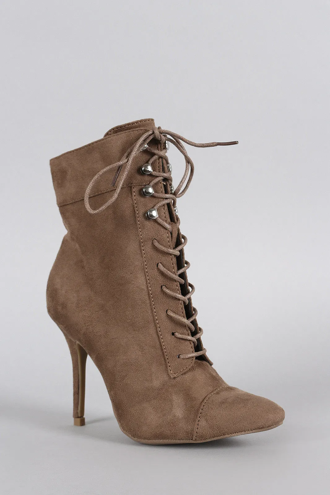 Wild Diva Lounge Suede Combat Lace Up Stiletto Booties