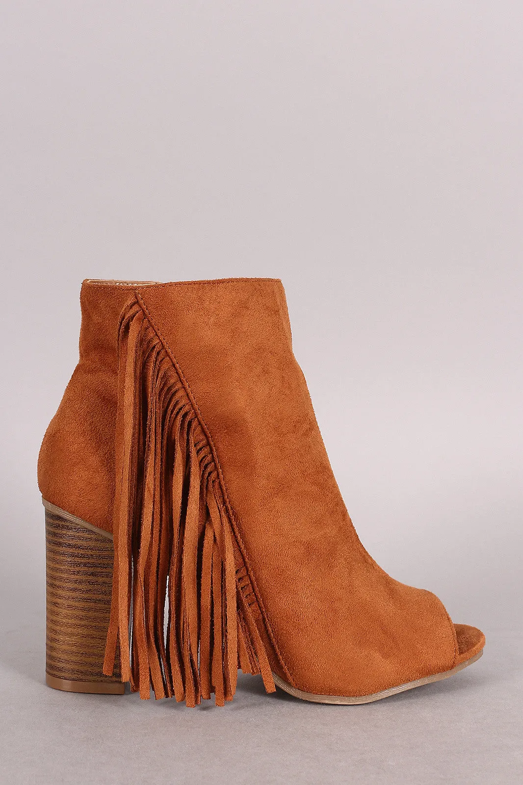 Wild Diva Lounge Suede Fringe Peep Toe Chunky Heel Booties