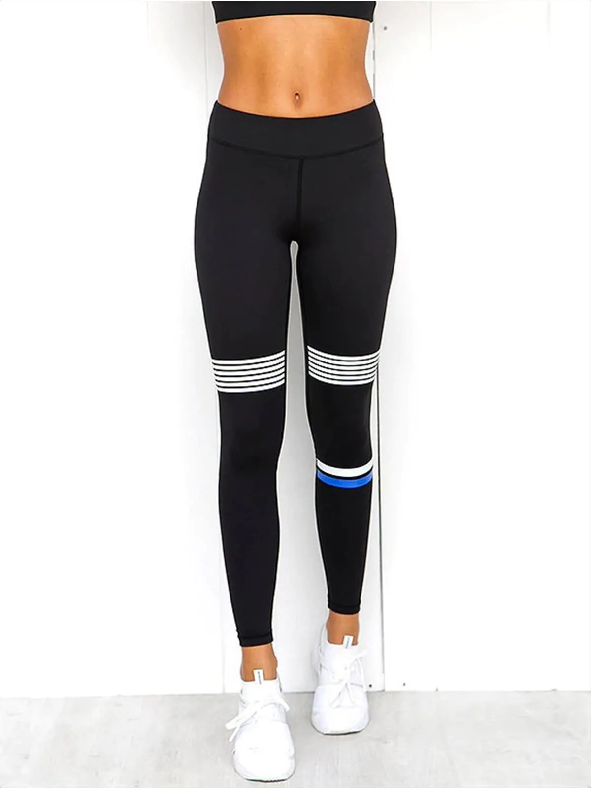 Women's Black And White Strappy Top And Striped Thigh Legging Set