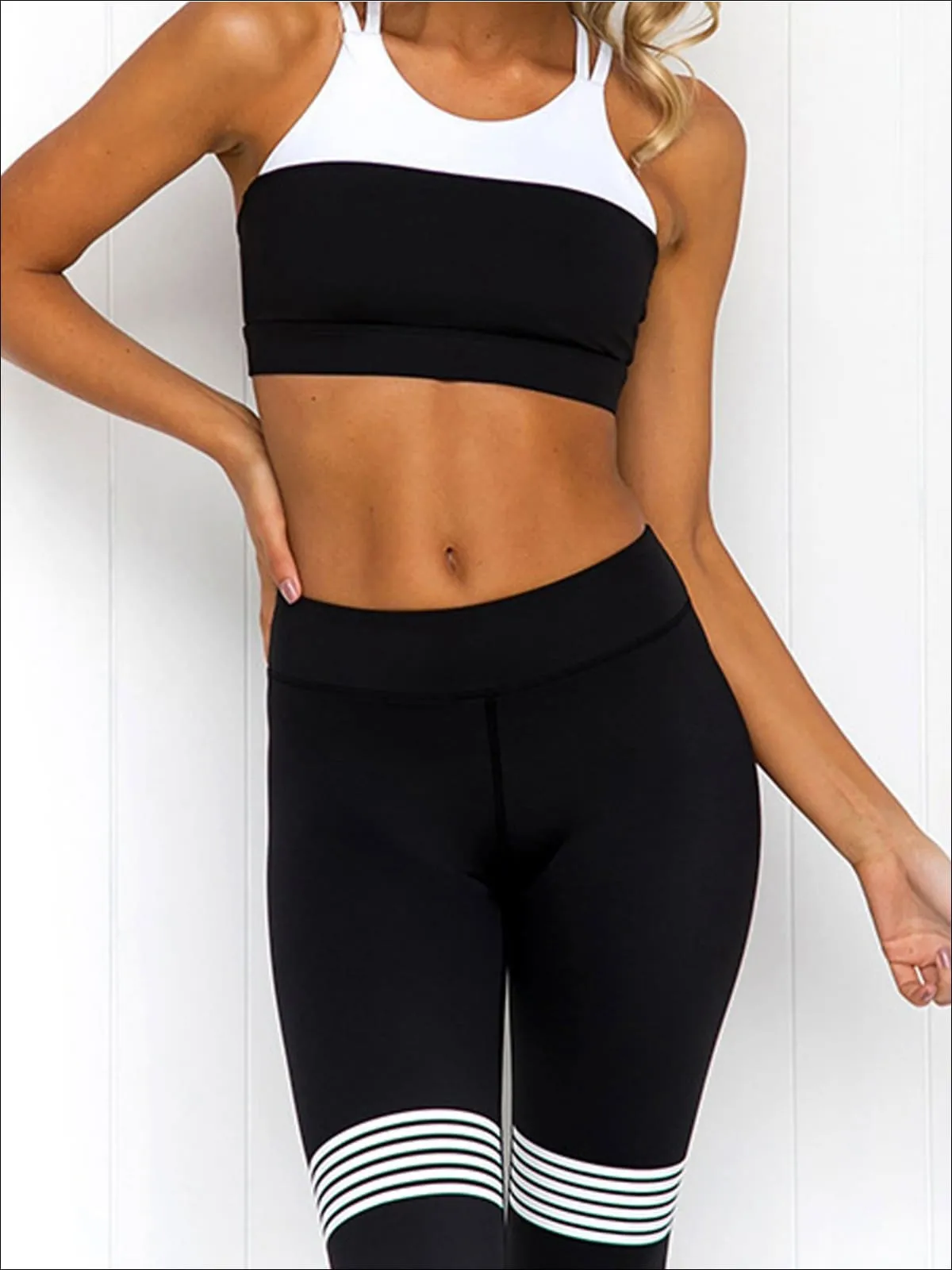 Women's Black And White Strappy Top And Striped Thigh Legging Set