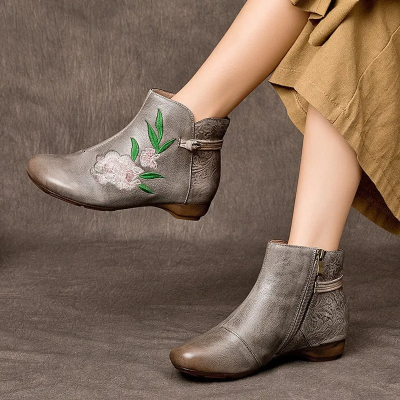 Women's Genuine Leather Chelsea Boots With Embroidery Flowers in Gray