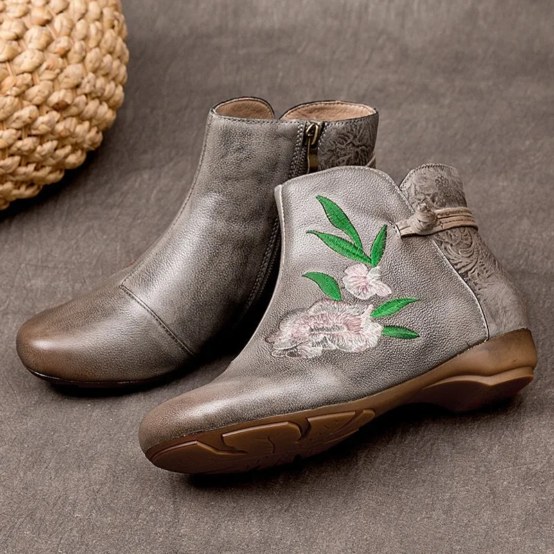 Women's Genuine Leather Chelsea Boots With Embroidery Flowers in Gray